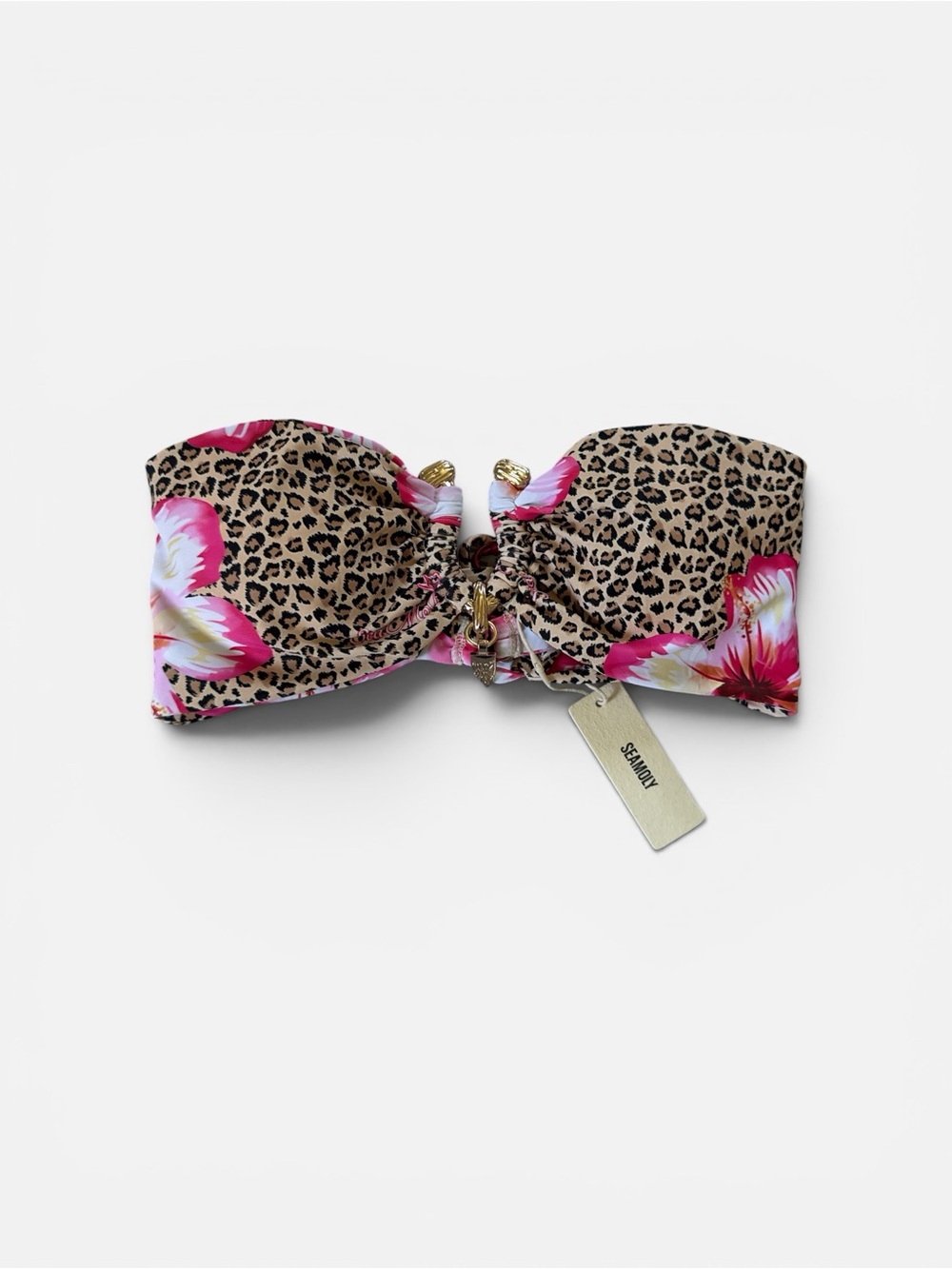 SeaMolly M Strapless Bandeau Bikini Top - Leopard & Pink Floral Medium